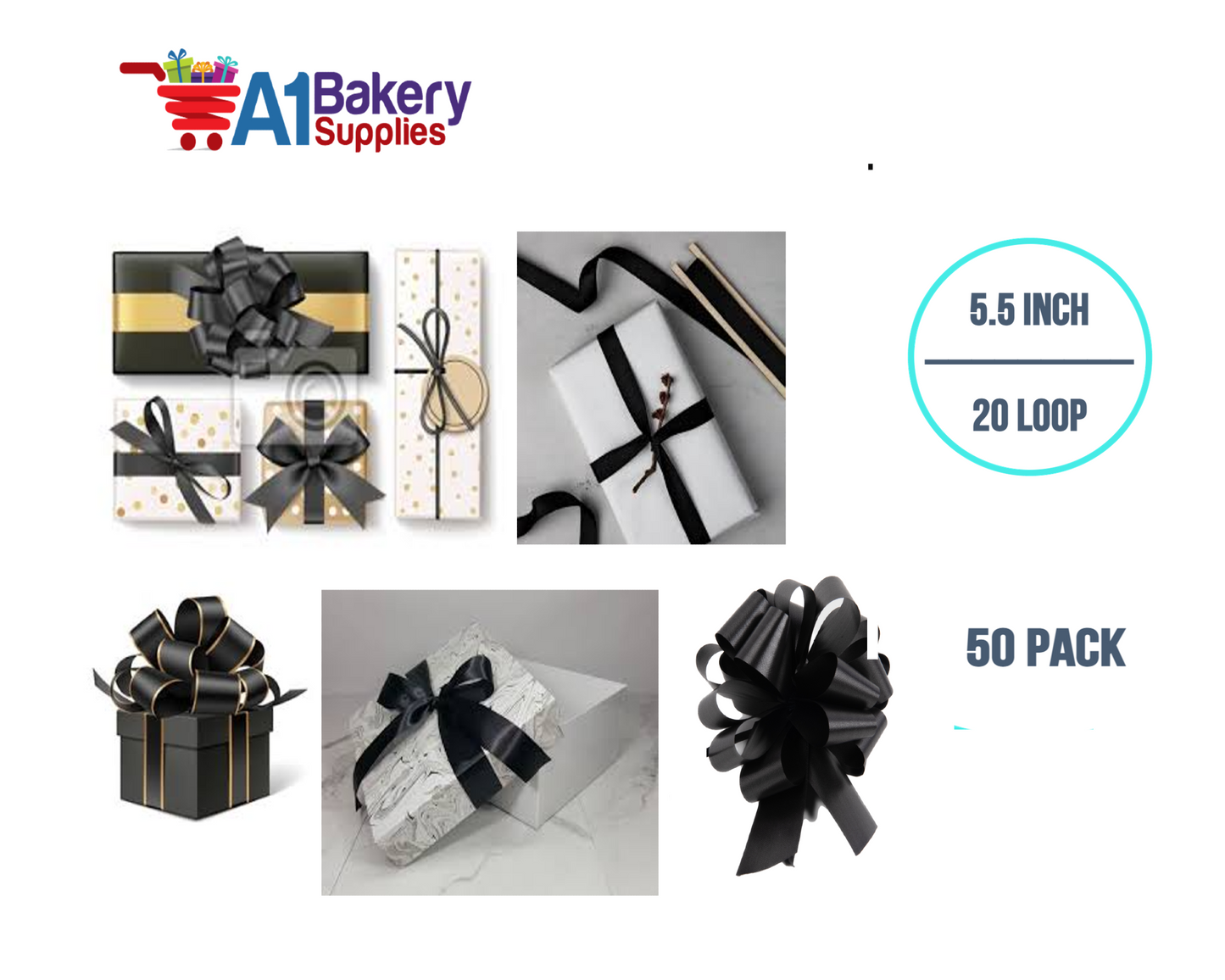 A1BakerySupplies 50 Pieces Pull Bow for Gift Wrapping Gift Bows Pull Bow With Ribbon for Wedding Gift Baskets, 5.5 Inch 20 Loop in Black Color