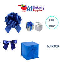 A1BakerySupplies 50 Pieces Pull Bow for Gift Wrapping Gift Bows Pull Bow With Ribbon for Wedding Gift Baskets, 8 Inch 20 Loop Royal Blue Flora Satin Color