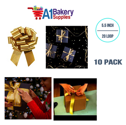 A1BakerySupplies 10 Pieces Pull Bow for Gift Wrapping Gift Bows Pull Bow With Ribbon for Wedding Gift Baskets, 5.5 Inch 20 Loop in Antique Gold Color