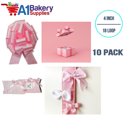 A1BakerySupplies 10 Pieces Pull Bow for Gift Wrapping Gift Bows Pull Bow With Ribbon for Wedding Gift Baskets, 4 Inch 18 Loop in Baby Pink Flora Satin Color