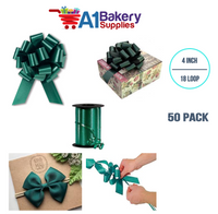 A1BakerySupplies 50 Pieces Pull Bow for Gift Wrapping Gift Bows Pull Bow With Ribbon for Wedding Gift Baskets, 4 Inch 18 Loop Hunter Green Flora Satin Color
