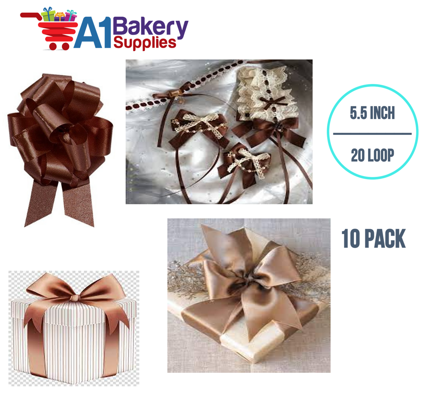 A1BakerySupplies 10 Pieces Pull Bow for Gift Wrapping Gift Bows Pull Bow With Ribbon for Wedding Gift Baskets, 5.5 Inch 20 Loop in Chocolate Color