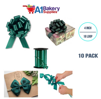A1BakerySupplies 10 Pieces Pull Bow for Gift Wrapping Gift Bows Pull Bow With Ribbon for Wedding Gift Baskets, 4 Inch 18 Loop Hunter Green Flora Satin Color