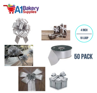 A1BakerySupplies 50 Pieces Pull Bow for Gift Wrapping Gift Bows Pull Bow With Ribbon for Wedding Gift Baskets, 4 Inch 18 Loop Silver Flora Satin Color