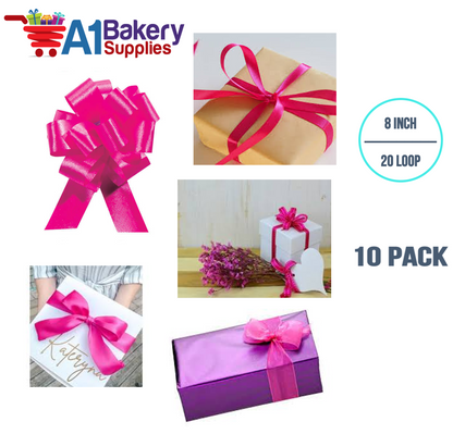 A1BakerySupplies 10 Pieces Pull Bow for Gift Wrapping Gift Bows Pull Bow With Ribbon for Wedding Gift Baskets, 8 Inch 20 Loop in Pink Beauty Flora Satin Color