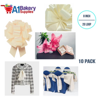 A1BakerySupplies 10 Pieces Pull Bow for Gift Wrapping Gift Bows Pull Bow With Ribbon for Wedding Gift Baskets, 8 Inch 20 Loop Ivory Eggshell Flora Satin Color
