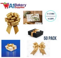 A1BakerySupplies 50 Pieces Pull Bow for Gift Wrapping Gift Bows Pull Bow With Ribbon for Wedding Gift Baskets, 2.5 Inch 14 Loop in Holiday Gold Color