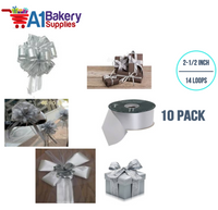 A1BakerySupplies 10 Pieces Pull Bow for Gift Wrapping Gift Bows Pull Bow With Ribbon for Wedding Gift Baskets, 2.5 Inch 14 Loop Silver Flora Satin Color