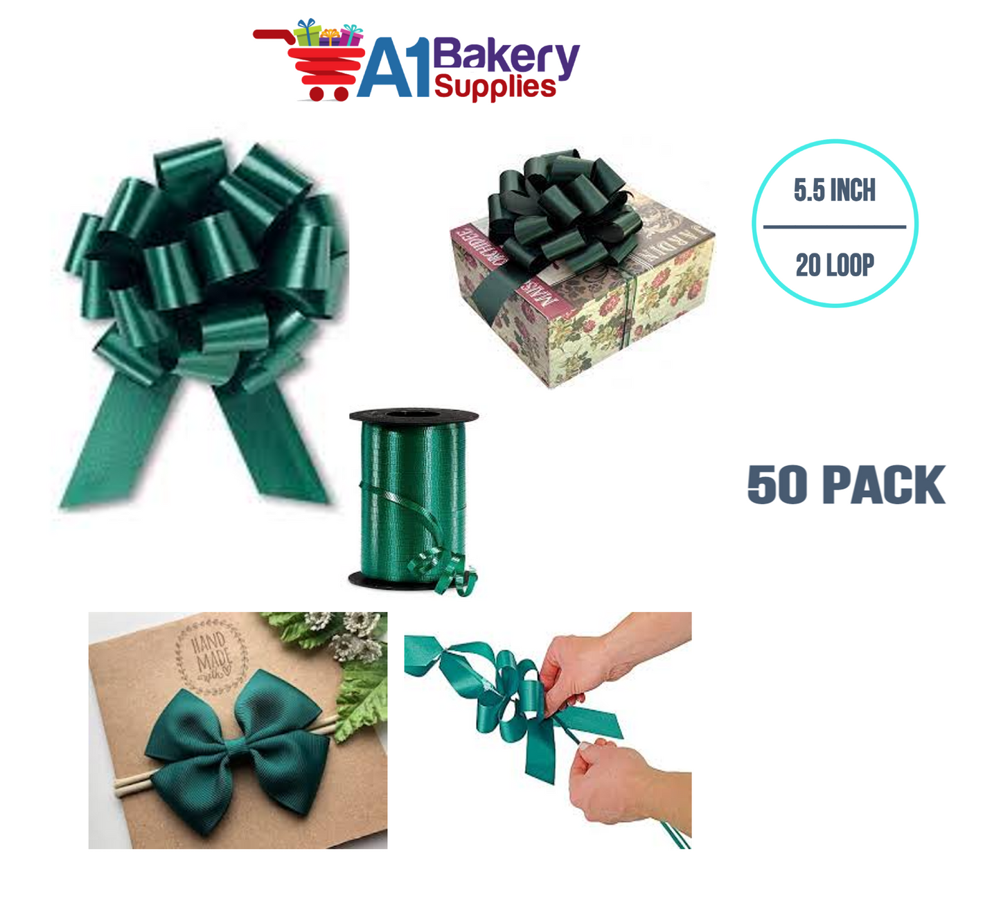A1BakerySupplies 50 Pieces Pull Bow for Gift Wrapping Gift Bows Pull Bow With Ribbon for Wedding Gift Baskets, 5.5 Inch 20 Loop in Hunter Green Color