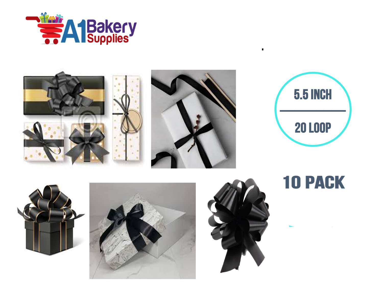 A1BakerySupplies 10 Pieces Pull Bow for Gift Wrapping Gift Bows Pull Bow With Ribbon for Wedding Gift Baskets, 5.5 Inch 20 Loop in Black Color