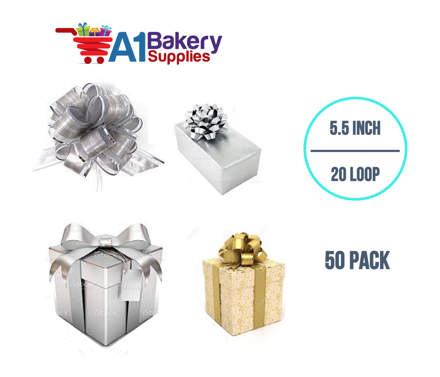 A1BakerySupplies 50 Pieces Pull Bow for Gift Wrapping Gift Bows Pull Bow With Ribbon for Wedding Gift Baskets, 5.5 Inch 20 Loop in Mixed Color