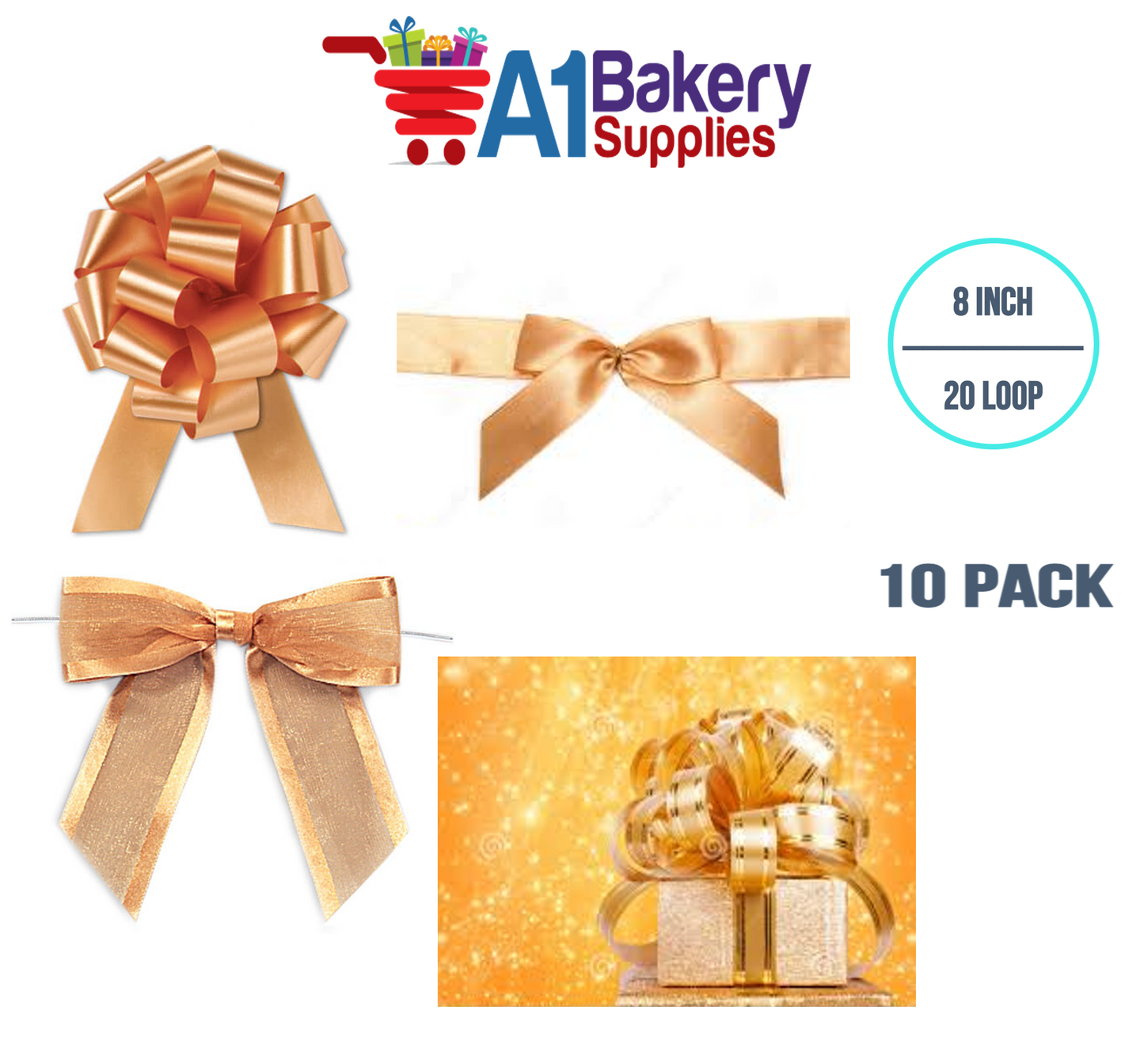 A1BakerySupplies 10 Pieces Pull Bow for Gift Wrapping Gift Bows Pull Bow With Ribbon for Wedding Gift Baskets, 8 Inch 20 Loop Gold Flora Satin Color