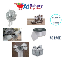 A1BakerySupplies 50 Pieces Pull Bow for Gift Wrapping Gift Bows Pull Bow With Ribbon for Wedding Gift Baskets, 2.5 Inch 14 Loop Silver Flora Satin Color