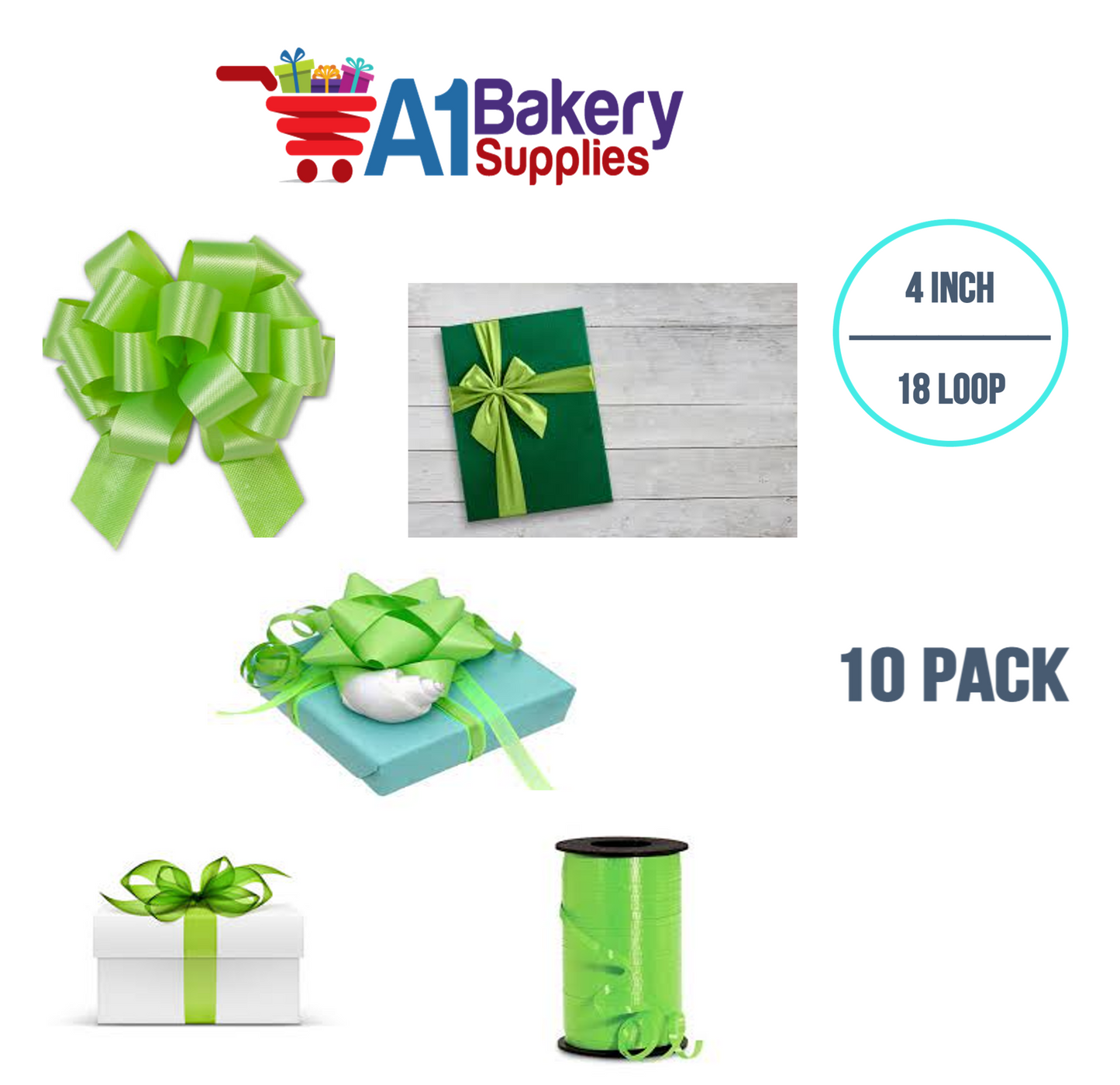 A1BakerySupplies 10 Pieces Pull Bow for Gift Wrapping Gift Bows Pull Bow With Ribbon for Wedding Gift Baskets, 4 Inch 18 Loop Citrus Green Flora Satin Color