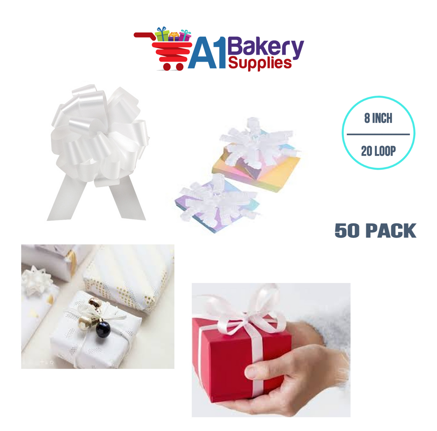 A1BakerySupplies 50 Pieces Pull Bow for Gift Wrapping Gift Bows Pull Bow With Ribbon for Wedding Gift Baskets, 8 Inch 20 Loop White Flora Satin Color
