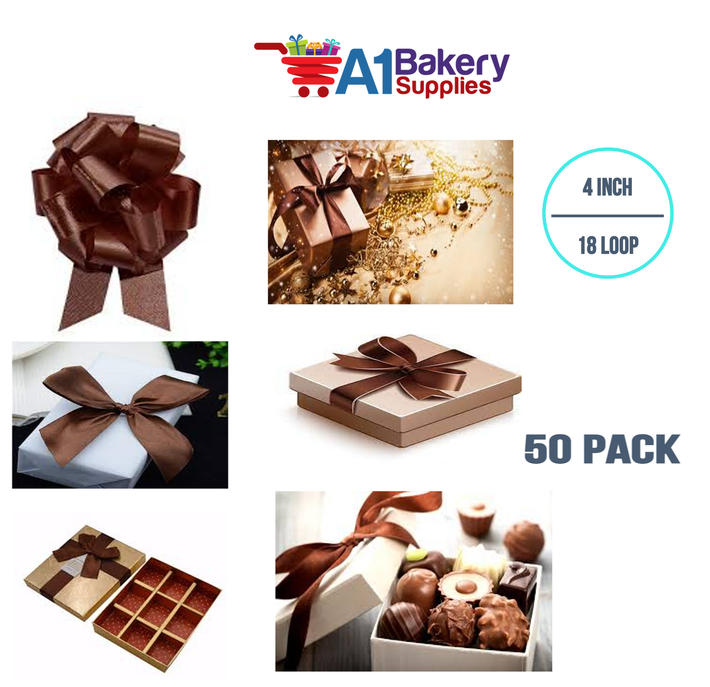 A1BakerySupplies 50 Pieces Pull Bow for Gift Wrapping Gift Bows Pull Bow With Ribbon for Wedding Gift Baskets, 4 Inch 18 Loop Chocolate Flora Satin Color