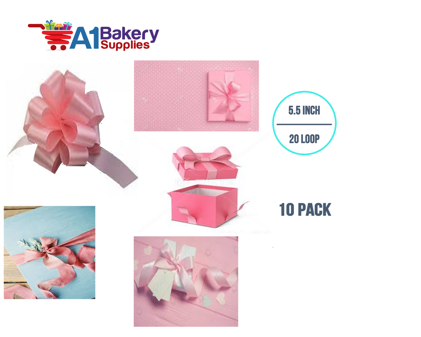 A1BakerySupplies 10 Pieces Pull Bow for Gift Wrapping Gift Bows Pull Bow With Ribbon for Wedding Gift Baskets, 5.5 Inch 20 Loop in Pink Color