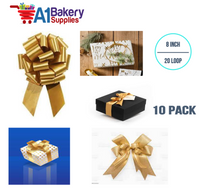 A1BakerySupplies 10 Pieces Pull Bow for Gift Wrapping Gift Bows Pull Bow With Ribbon for Wedding Gift Baskets, 8 Inch 20 Loop Holiday Gold Flora Satin Color