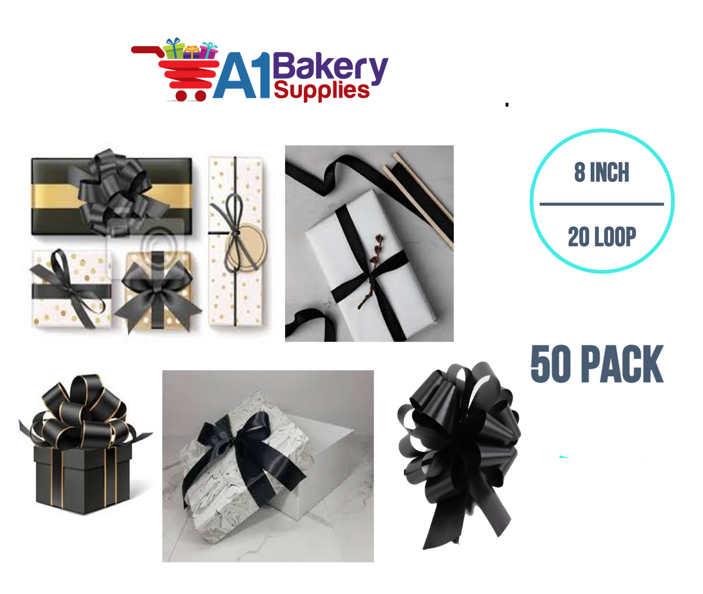 A1BakerySupplies 50 Pieces Pull Bow for Gift Wrapping Gift Bows Pull Bow With Ribbon for Wedding Gift Baskets, 8 Inch 20 Loop Black Flora Satin Color