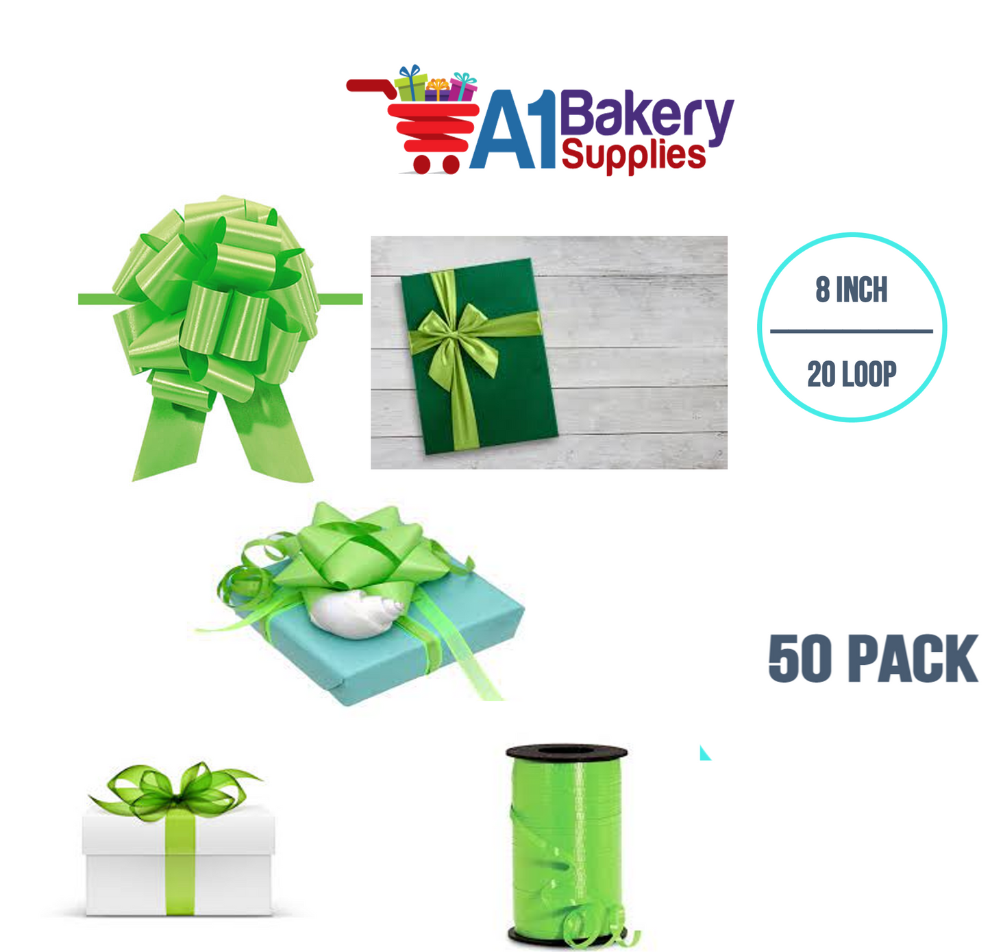 A1BakerySupplies 50 Pieces Pull Bow for Gift Wrapping Gift Bows Pull Bow With Ribbon for Wedding Gift Baskets, 8 Inch 20 Loop Citrus Green Flora Satin Color