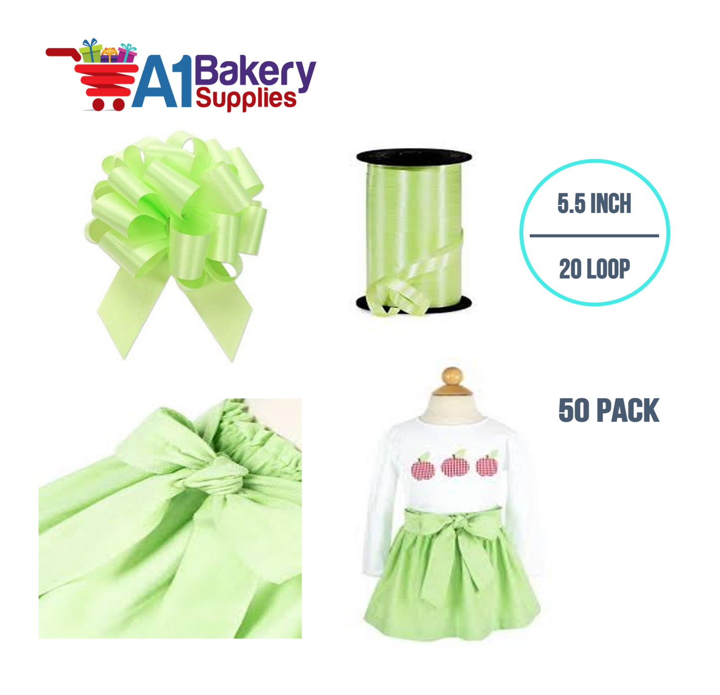 A1BakerySupplies 50 Pieces Pull Bow for Gift Wrapping Gift Bows Pull Bow With Ribbon for Wedding Gift Baskets, 5.5 Inch 20 Loop in Celery Color