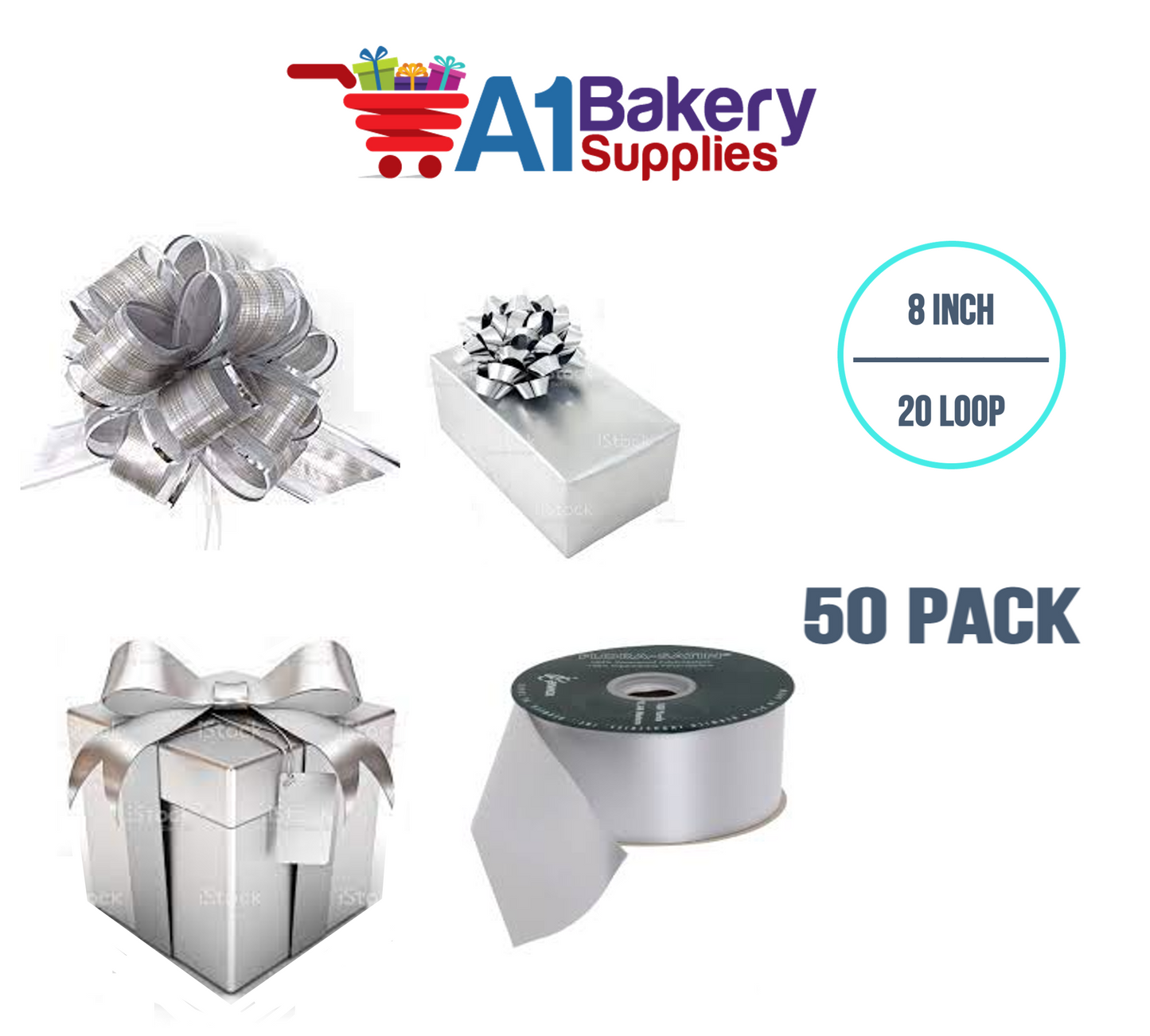 A1BakerySupplies 50 Pieces Pull Bow for Gift Wrapping Gift Bows Pull Bow With Ribbon for Wedding Gift Baskets, 8 Inch 20 Loop Silver Flora Satin Color