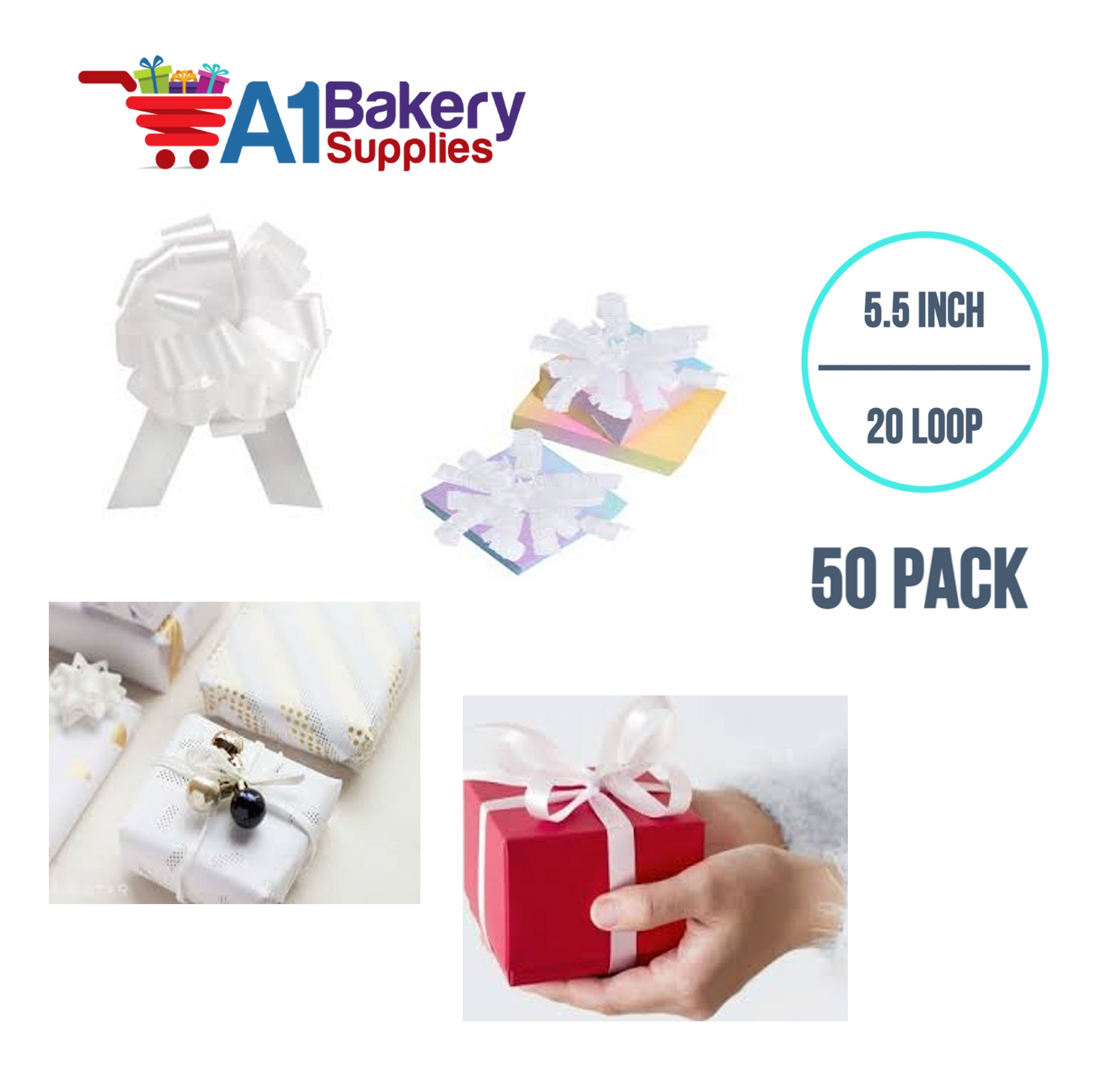 A1BakerySupplies 50 Pieces Pull Bow for Gift Wrapping Gift Bows Pull Bow With Ribbon for Wedding Gift Baskets, 5.5 Inch 20 Loop in White Color