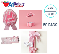 A1BakerySupplies 50 Pieces Pull Bow for Gift Wrapping Gift Bows Pull Bow With Ribbon for Wedding Gift Baskets, 4 Inch 18 Loop in Baby Pink Flora Satin Color