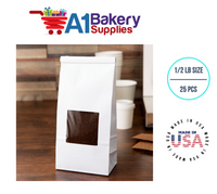 1/2 LB Size White Square Window Tin Tie Bags 25 PCS  White  Bakery Bags with Square Window Resealable Tin Tie Tab Lock Poly-Lined Bags White Paper Bags for Cookies, Coffee