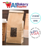 1/2 LB Size Brown Square Window Tin Tie Bags 25 PCS 7 3/4 Inch (Length) x 3 3/8 Inch (Width) x 2 1/2 Inch (Gusset) Kraft  Bakery Bags with Square Window Resealable Tin Tie Tab Lock Poly-Lined Bags Kraft Paper Bags for Cookies, Coffee