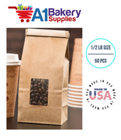 1/2 LB Size Brown Square Window Tin Tie Bags 50 PCS 7 3/4 Inch (Length) x 3 3/8 Inch (Width) x 2 1/2 Inch (Gusset) Kraft  Bakery Bags with Square Window Resealable Tin Tie Tab Lock Poly-Lined Bags Kraft Paper Bags for Cookies, Coffee