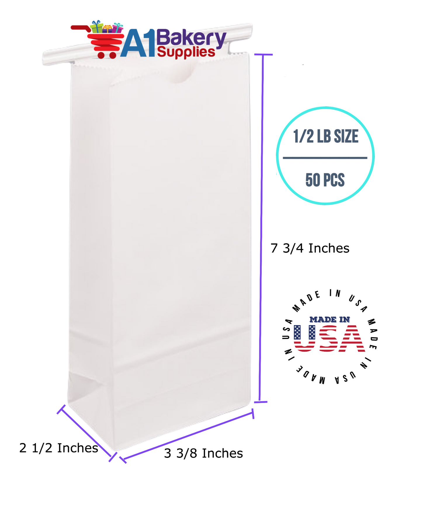 1/2 LB Size White No Window Tin Tie Bags 50 PCS White  Bakery Bags with No Window Resealable Tin Tie Tab Lock Poly-Lined Bags White Paper Bags for Cookies, Coffee