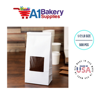 1/2 LB Size White Square Window Tin Tie Bags 500 PCS 7 3/4 Inch (Length) x 3 3/8 Inch (Width) x 2 1/2 Inch (Gusset) White  Bakery Bags with Square Window Resealable Tin Tie Tab Lock Poly-Lined Bags White Paper Bags for Cookies, Coffee