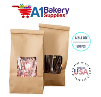 1/2 LB Size Brown Square Window Tin Tie Bags 500 PCS 7 3/4 Inch (Length) x 3 3/8 Inch (Width) x 2 1/2 Inch (Gusset) Kraft  Bakery Bags with Square Window Resealable Tin Tie Tab Lock Poly-Lined Bags Brown Paper Bags for Cookies, Coffee