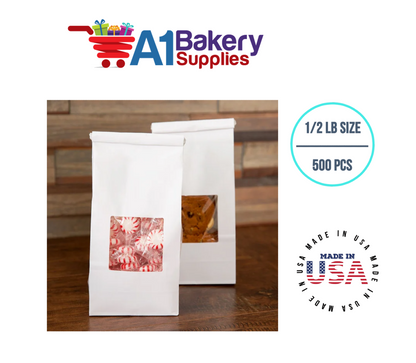 1/2 LB Size White Square Window Tin Tie Bags 500 PCS White  Bakery Bags with Square Window Resealable Tin Tie Tab Lock Poly-Lined Bags White Paper Bags for Cookies, Coffee