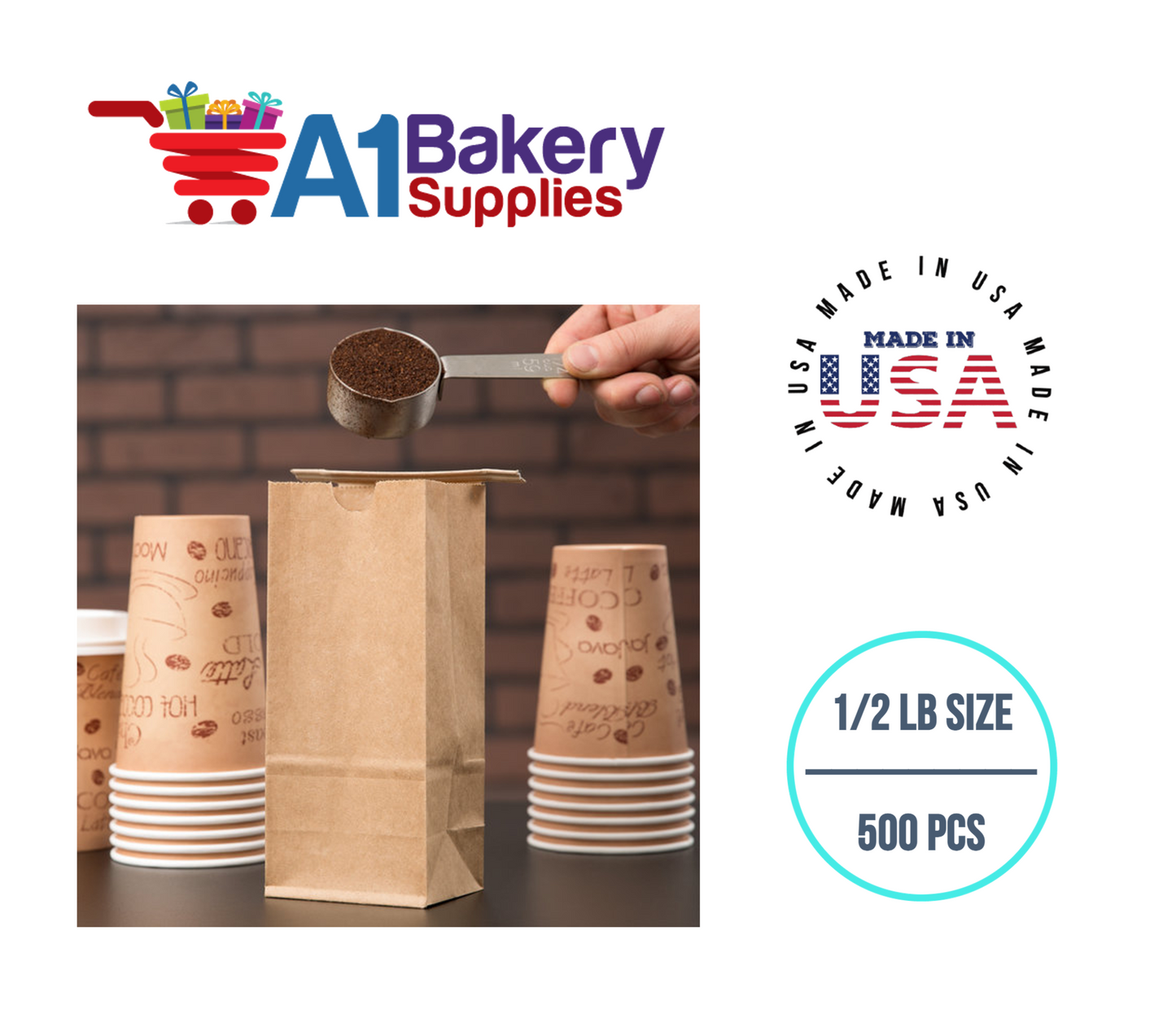 1/2 LB Size Brown No Window Tin Tie Bags 500 PCS  Kraft  Bakery Bags with No Window Resealable Tin Tie Tab Lock Poly-Lined Bags Kraft Paper Bags for Cookies, Coffee