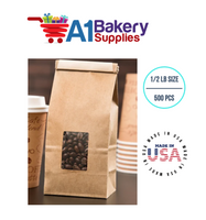 1/2 LB Size Brown Square Window Tin Tie Bags 500 PCS  Kraft  Bakery Bags with Square Window Resealable Tin Tie Tab Lock Poly-Lined Bags Brown Paper Bags for Cookies, Coffee