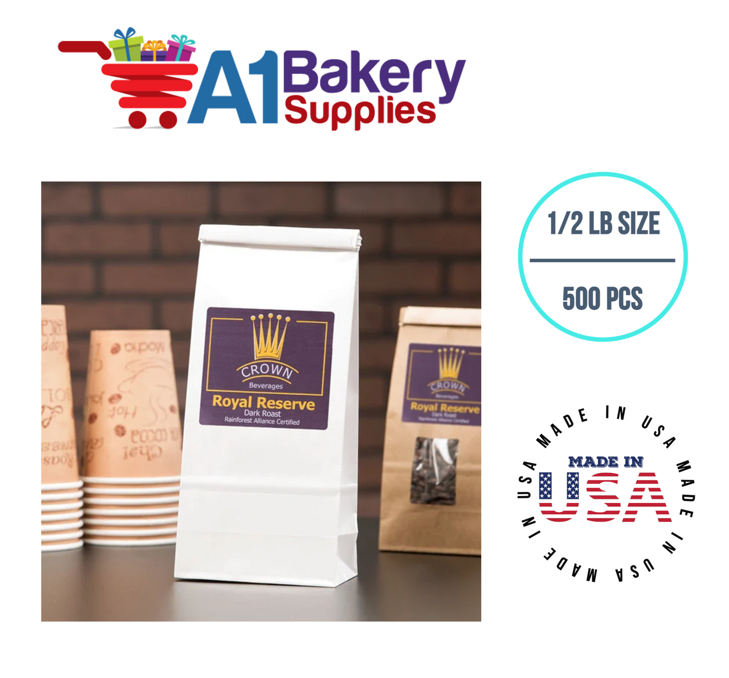 1/2 LB Size White No Window Tin Tie Bags 500 PCS  White  Bakery Bags with No Window Resealable Tin Tie Tab Lock Poly-Lined Bags White Paper Bags for Cookies, Coffee