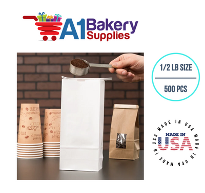 1/2 LB Size White No Window Tin Tie Bags 500 PCS 7 3/4 Inch (Length) x 3 3/8 Inch (Width). x 2 1/2 Inch (Gusset) White  Bakery Bags with No Window Resealable Tin Tie Tab Lock Poly-Lined Bags White Paper Bags for Cookies, Coffee