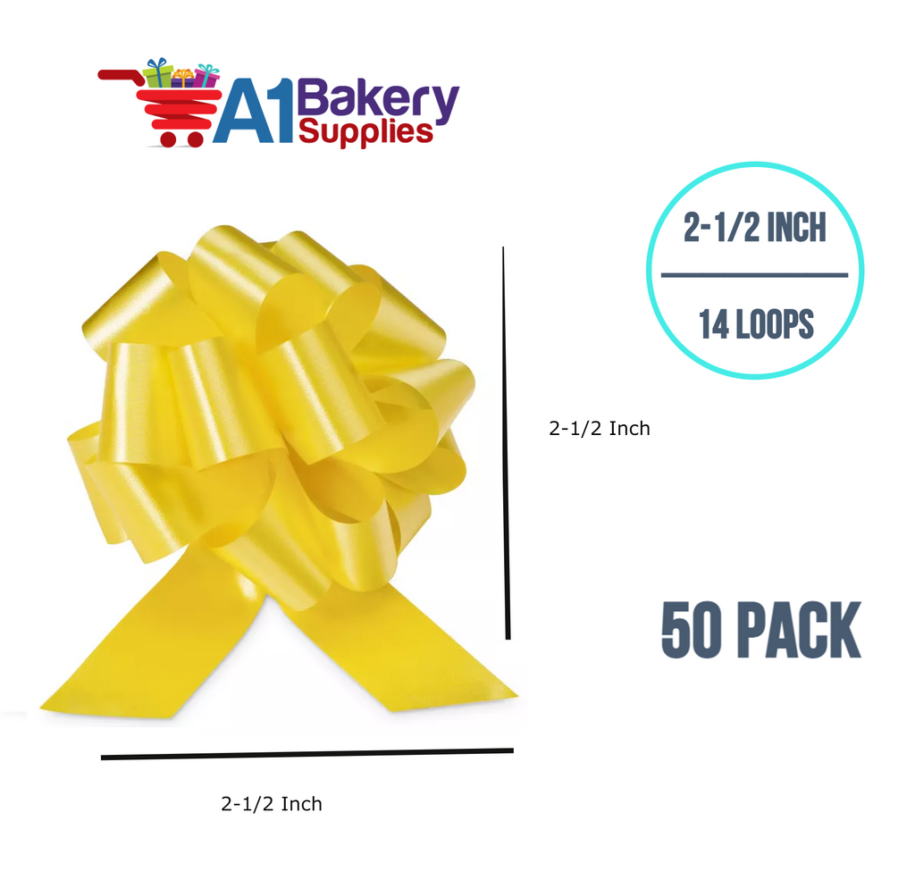 A1BakerySupplies 50 Pieces Pull Bow for Gift Wrapping Gift Bows Pull Bow With Ribbon for Wedding Gift Baskets, 2.5 Inch 14 Loop Yellow Daffodil Flora Satin Color