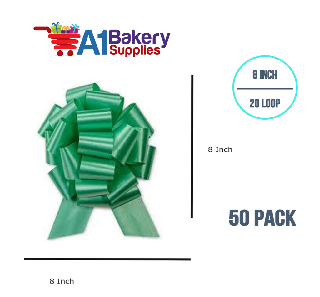 A1BakerySupplies 50 Pieces Pull Bow for Gift Wrapping Gift Bows Pull Bow With Ribbon for Wedding Gift Baskets, 8 Inch 20 Loop Emerald Green Flora Satin Color