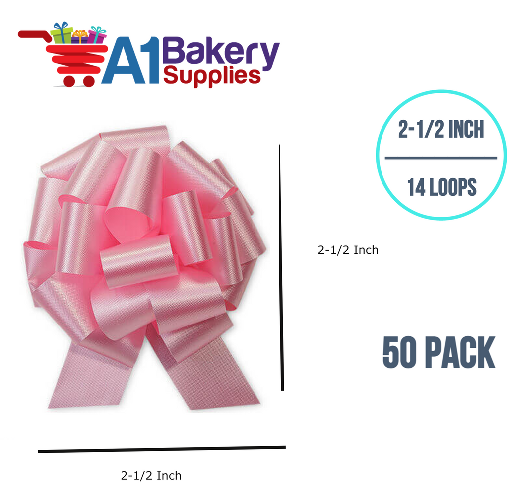 A1BakerySupplies 50 Pieces Pull Bow for Gift Wrapping Gift Bows Pull Bow With Ribbon for Wedding Gift Baskets, 2.5 Inch 14 Loop in Pink Flora Satin Color