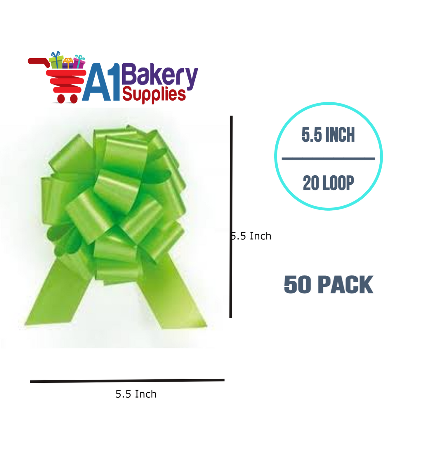 A1BakerySupplies 50 Pieces Pull Bow for Gift Wrapping Gift Bows Pull Bow With Ribbon for Wedding Gift Baskets, 5.5 Inch 20 Loop in Lime Green Color