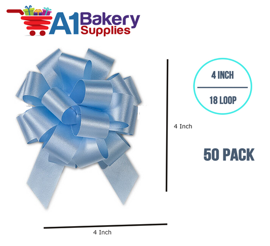 A1BakerySupplies 50 Pieces Pull Bow for Gift Wrapping Gift Bows Pull Bow With Ribbon for Wedding Gift Baskets, 4 Inch 18 Loop Light Blue Flora Satin Color