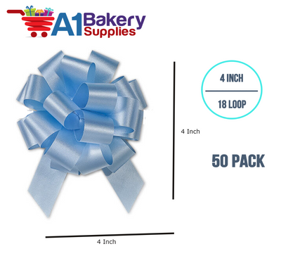 A1BakerySupplies 50 Pieces Pull Bow for Gift Wrapping Gift Bows Pull Bow With Ribbon for Wedding Gift Baskets, 4 Inch 18 Loop Light Blue Flora Satin Color