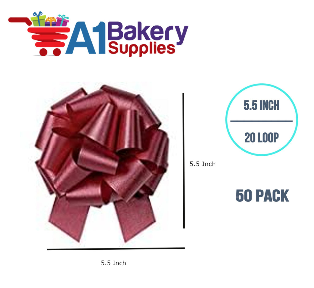 A1BakerySupplies 50 Pieces Pull Bow for Gift Wrapping Gift Bows Pull Bow With Ribbon for Wedding Gift Baskets, 5.5 Inch 20 Loop in Burgundy Color