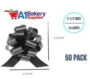 A1BakerySupplies 50 Pieces Pull Bow for Gift Wrapping Gift Bows Pull Bow With Ribbon for Wedding Gift Baskets, 2.5 Inch 14 Loop Black Flora Satin Color