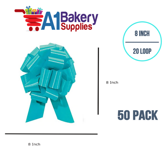 A1BakerySupplies 50 Pieces Pull Bow for Gift Wrapping Gift Bows Pull Bow With Ribbon for Wedding Gift Baskets, 8 Inch 20 Loop Turquoise Flora Satin Color