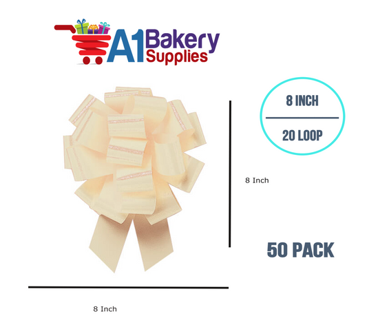 A1BakerySupplies 50 Pieces Pull Bow for Gift Wrapping Gift Bows Pull Bow With Ribbon for Wedding Gift Baskets, 8 Inch 20 Loop Ivory Eggshell Flora Satin Color