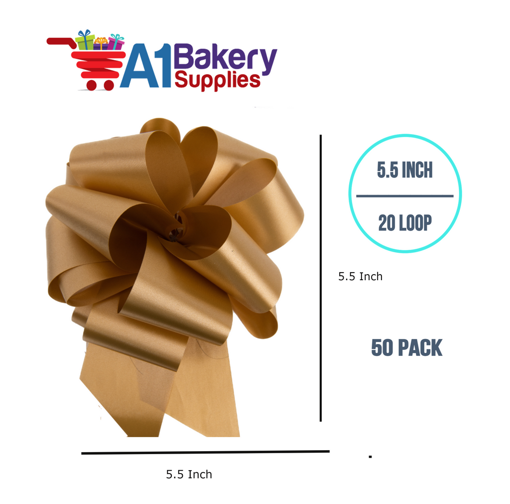 A1BakerySupplies 50 Pieces Pull Bow for Gift Wrapping Gift Bows Pull Bow With Ribbon for Wedding Gift Baskets, 5.5 Inch 20 Loop in Gold Color